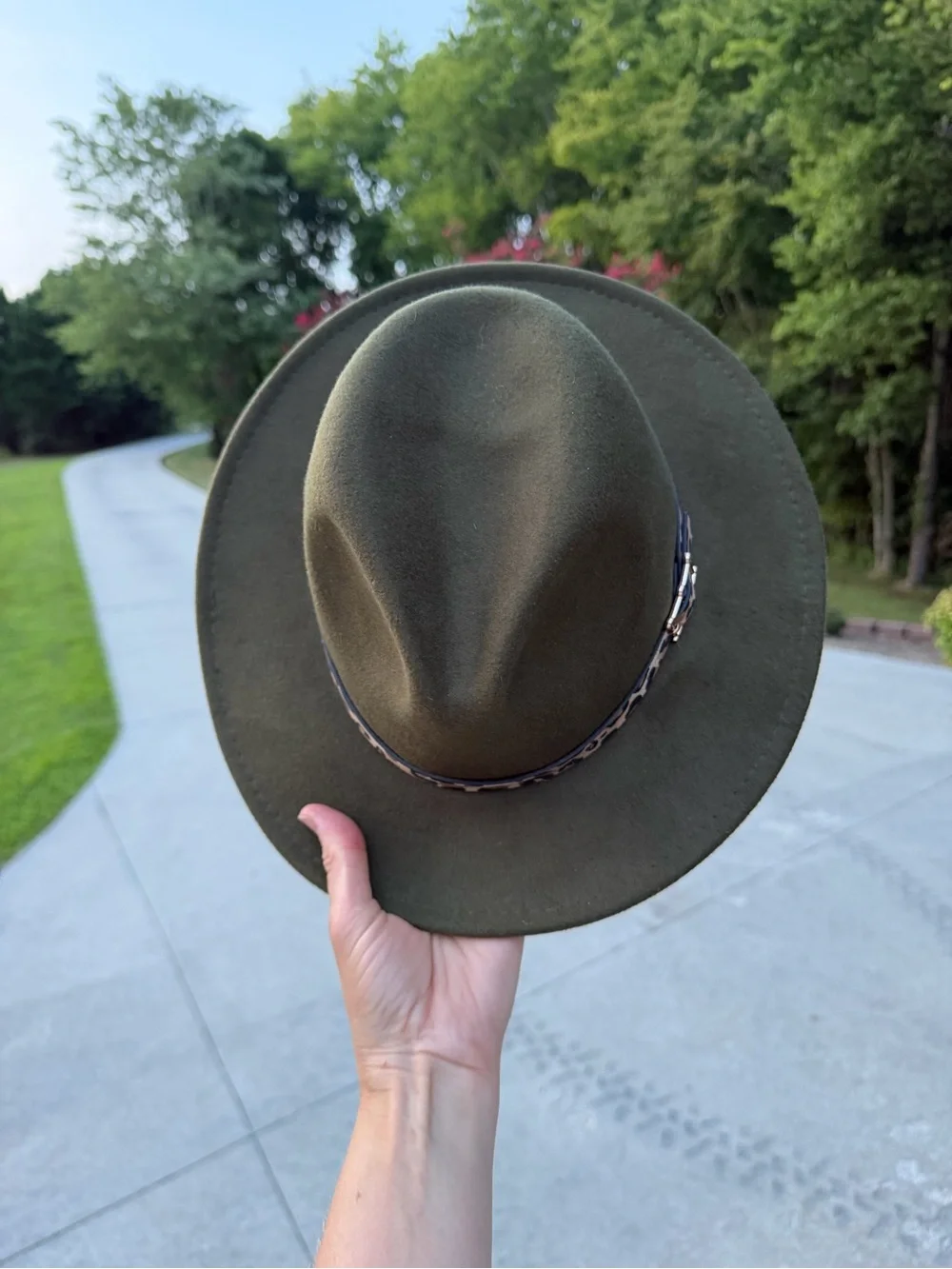 Olive Felt Fedora Hat with Leopard Accent Band